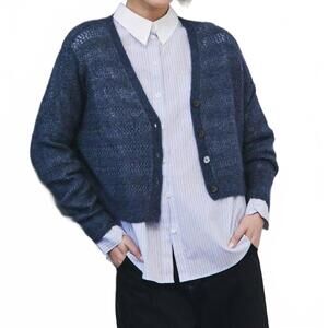 NEW AUTUMN CASHMERE fancy stitch v-neck cardigan in denim
